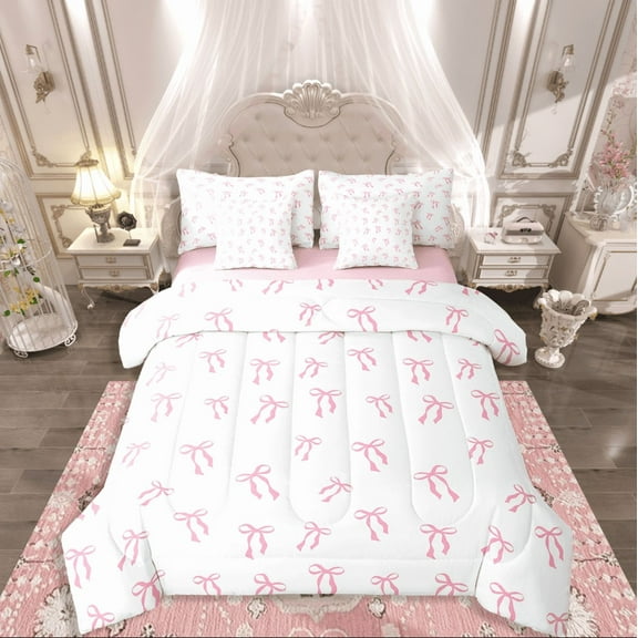 Castle Fairy Pink Bow 7 Pieces Bedding Comforter Set,Cartoon Bowknot Full Bedding Set Lightweight,Dreamy Princess Fitted Sheet Flat Sheet,Ultra Soft Kawaii Room Decoration