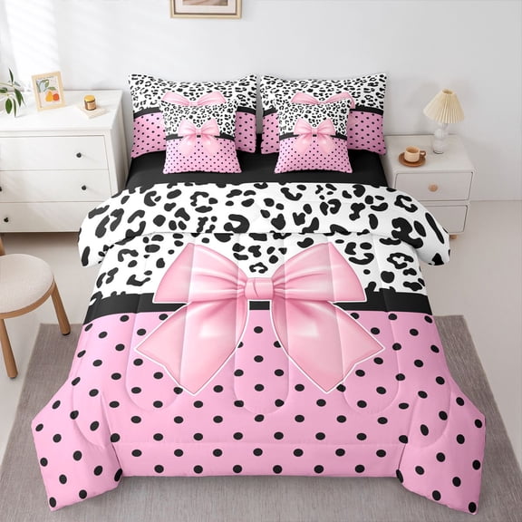 Castle Fairy Pink Bow Bedding Comforter Set,Black Polka Dots Queen Bedding Sets