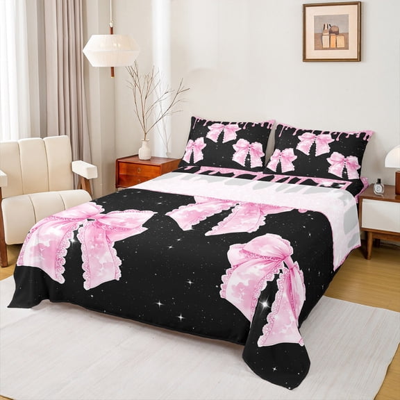 Castle Fairy Pink Bow Girl 4 Piece Bed Sheets, Sparkling Sequin King Sheets, Dreamy Princess Sheet Set