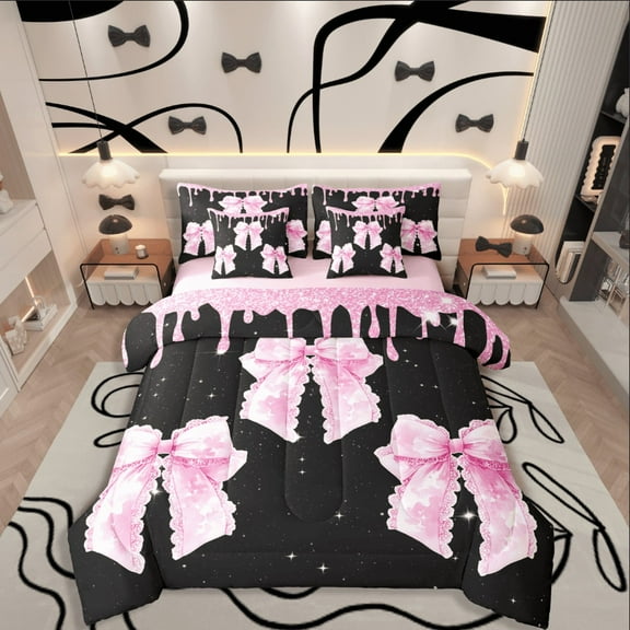 Castle Fairy Pink Bow Girl 7-Piece Bedding Comforter Set,Sparkling Sequin King Bedding Sets,Dreamy Princess Ultra Soft Bed Sheets,Luxury Bedroom Decor