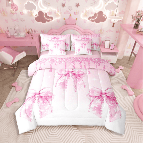 Castle Fairy Pink Bow Girl 7-Piece Twin Bedding Sets,Sparkling Sequin Bedding Comforter Set,Dreamy Princess Breathable Sheet Sets,Luxury Bedroom Decor
