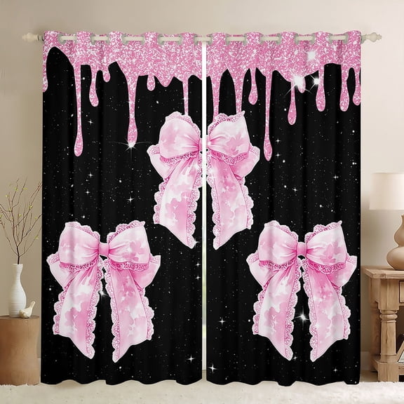Castle Fairy Pink Bow Girl Curtains Pack of 2 (42x84 Each),Sparkling Sequin Curtains Blackout,Dreamy Princess Bedroom Curtains,Luxury Bedroom Decor
