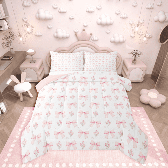 Castle Fairy Pink Bow Girl Full Comforter 3-Piece: Lightweight Floral Princess Bow