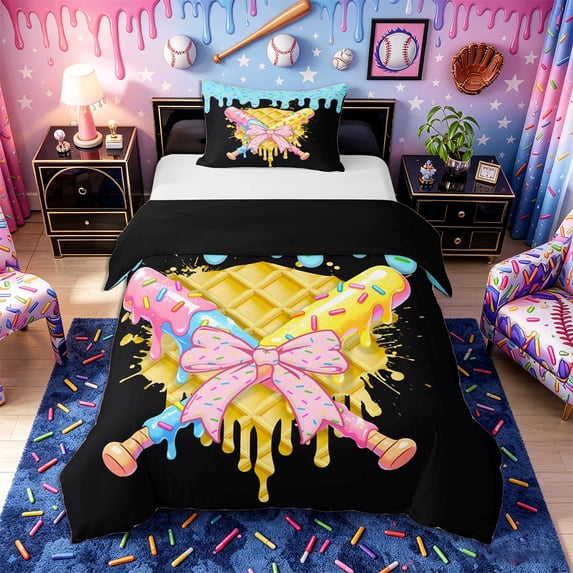 Castle Fairy Pink Bow Sport Baseball Twin Duvet Cover, Ice Cream Drip Twin Bedding, Black Pink Yellow,Black Reversible,2pcs,1 Duvet Cover and 1 Pillowcase