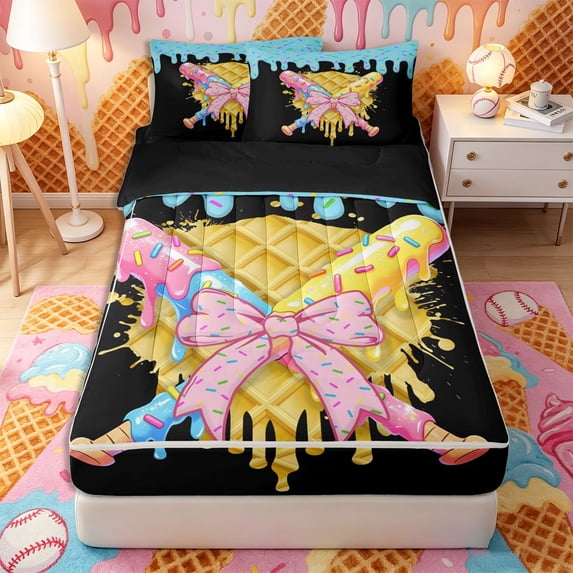 Castle Fairy Pink Bow Sport Baseball Zipper Twin Comforter Sets with Fitted Sheet and 2 Pillowcases, Ice Cream Drip Zipper Bedding Set, Black Pink Yellow,4-Piece,Black Reversible