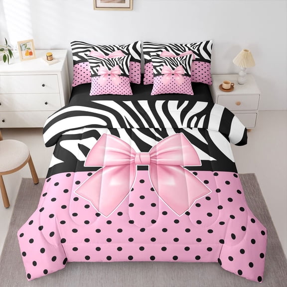 Castle Fairy Pink Bow Twin Bedding Sets,Black Polka Dots Bedding Comforter Set