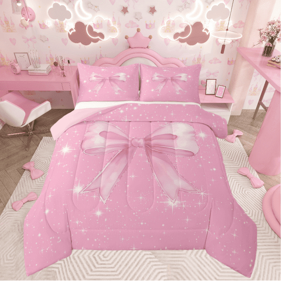 Castle Fairy Pink Bowknot 2pcs Bedding Comforter Set for Teens,Sparkling Sequin Twin Comforter Sets,Dreamy Princess Breathable Bedding Set,Luxury Bedroom Decor