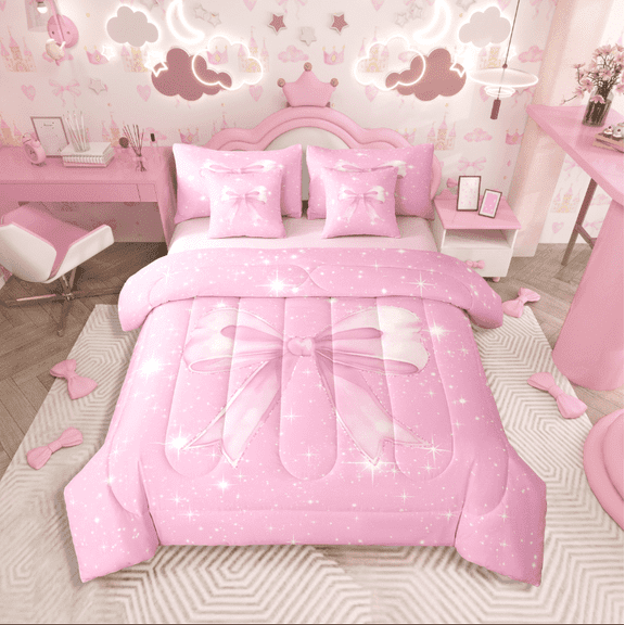 Castle Fairy Pink Bowknot 7pcs Bedding Comforter Set for Teens,Sparkling Sequin Queen Bedding Sets Super Cozy,Dreamy Princess Queen Sheet Sets,Luxury Bedroom Decor