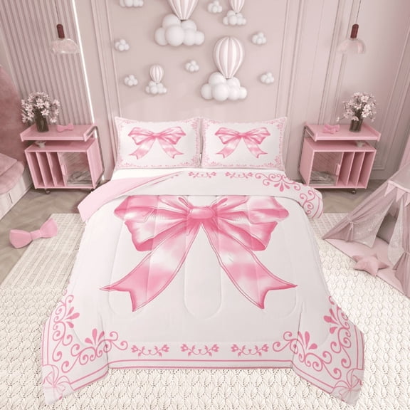 Castle Fairy Pink Bowtie 3-Piece Full Size Comforter Sets,Chic Flower Bedding Comforter Set,Dreamy Princess Lightweight Bedding Sets,Lightweight Cartoon Room Decor,Reversible