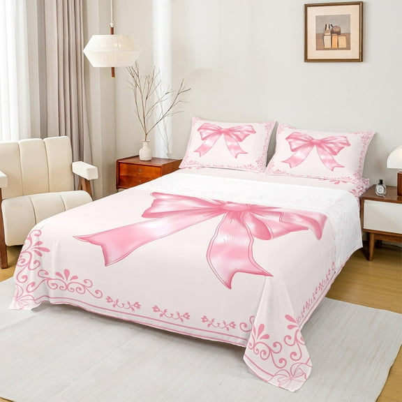 Castle Fairy Pink Bowtie 3pcs Twin Sheet Sets,Chic Flower Twin Fitted Sheet,Dreamy Princess Breathable Flat Sheet,Lightweight Cartoon Room Decor
