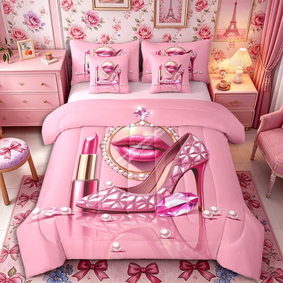 Castle Fairy Pink Fashion Elegant Mirror Full Size Bedding Sets 7 Pieces for Girls,Sparkly Shoes Full Size Bed in a Bag,Pink Reversible