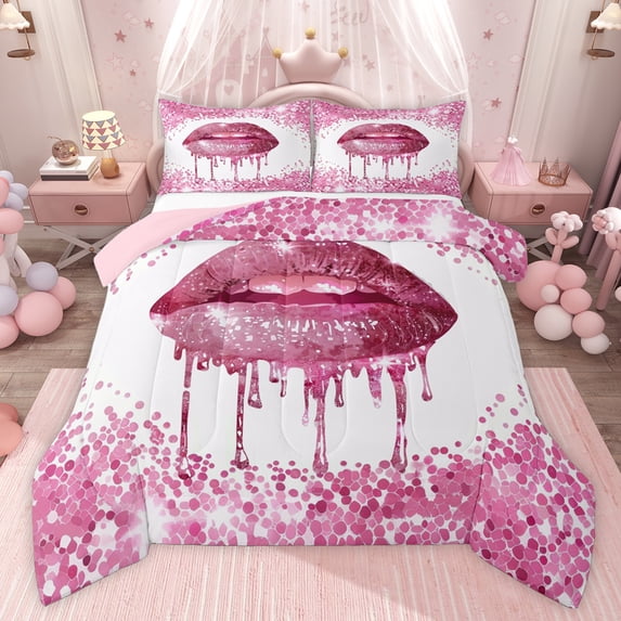Castle Fairy Pink Fashion Girl Twin Comforter Sets,Bling Glitter Print Bedding Set