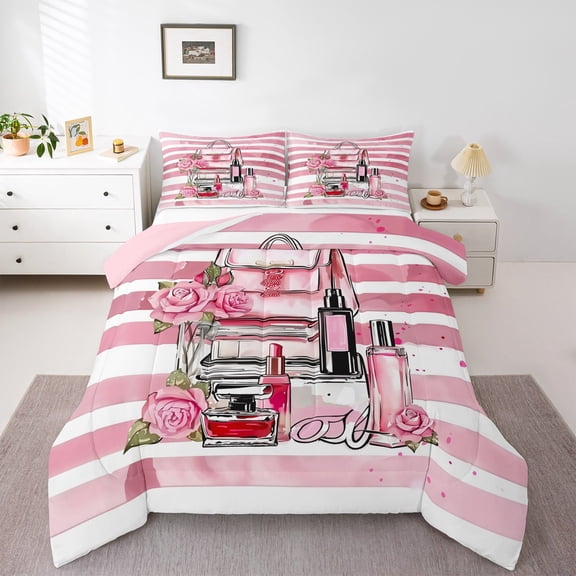 Castle Fairy Pink Fashion Twin Comforter Sets,Floral Rose Bedding Set,Stripes Bedding Set