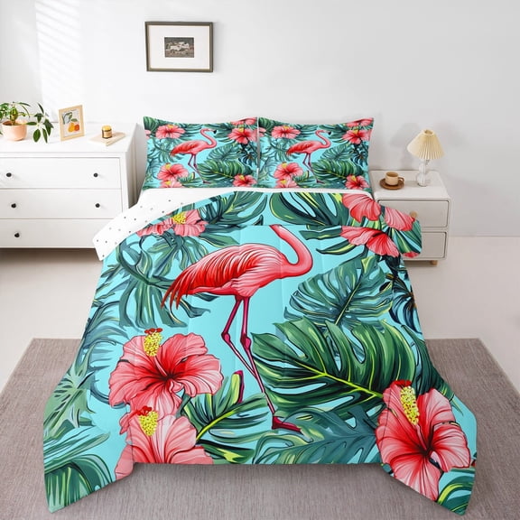 Castle Fairy Pink Flamingo 3 Pieces Queen Comforter Set,Tropical Flower Leaves Ultra Soft Bedding Sets,Botanical Plants Bedding Comforter Set,Super Cozy Animal Room Decor,Reversible