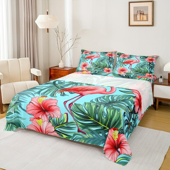 Castle Fairy Pink Flamingo 3pcs Twin Sheet Sets,Tropical Flower Leaves Twin Fitted Sheet,Botanical Plants Breathable Flat Sheet,Super Cozy Animal Room Decor