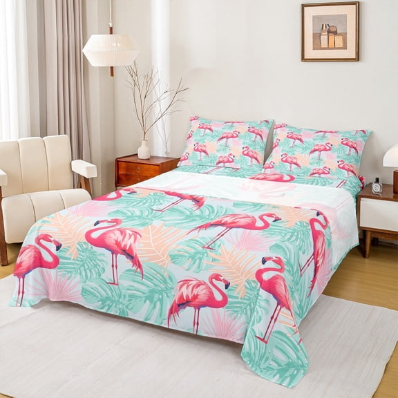 Castle Fairy Pink Flamingo 4 Pieces Queen Sheet Sets,Tropical Leaves Ultra Soft Flat Sheet,Cartoon Animal Queen Fitted Sheet,Microfiber Teens Bedroom Decor