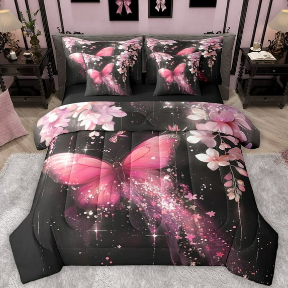 Castle Fairy Pink Floral Butterfly Twin Bedding Sets 7-Piece for Kids Children Teens,Dreamy Princess Bedding Comforter Set Microfiber,Abstract Gradient Breathable Sheet Sets,Luxury Bedroom Decor