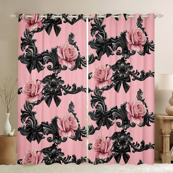 Castle Fairy Pink Floral Rose Black Out Curtains for Children Teens Adults,Kawaii Black Ribbon Bow Curtains Pack of 2 (42x63 Each),Bohemian Damask Bedroom Curtains,Microfiber Bedroom Decor