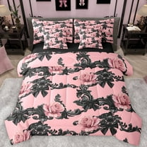 Castle Fairy Pink Floral Rose Twin Bedding Sets 7-Piece for Children Teens Adults,Kawaii Black Ribbon Bow Bedding Comforter Set Microfiber,Bohemian Damask Breathable Sheet Sets