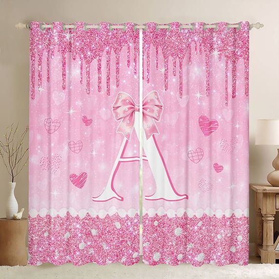 Castle Fairy Pink Glitter Letter A Blackout Curtains Set of 2 (52x84 Each) for Girls,Cartoon Bow Window Curtains