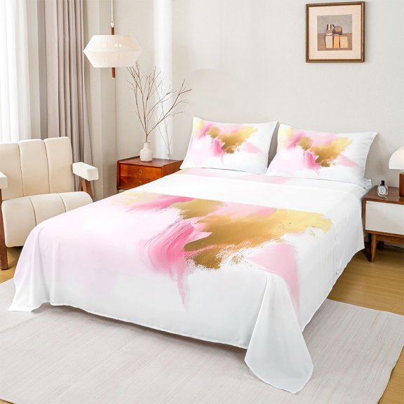 Castle Fairy Pink Gold Watercolor 4 Pieces Queen Sheet Sets for Girls,Gradient Ombre Graffiti Splash Ultra Soft Flat Sheet,Vintage Aesthetic Queen Fitted Sheet,Lightweight Room Decor
