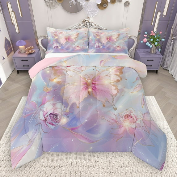 Castle Fairy Pink Golden Butterfly 2Pcs Bedding Comforter Set for Teens Women Men,Abstract Gradient Twin Comforter Sets,Floral Rose Breathable Bedding Set,Breathable Home Decor