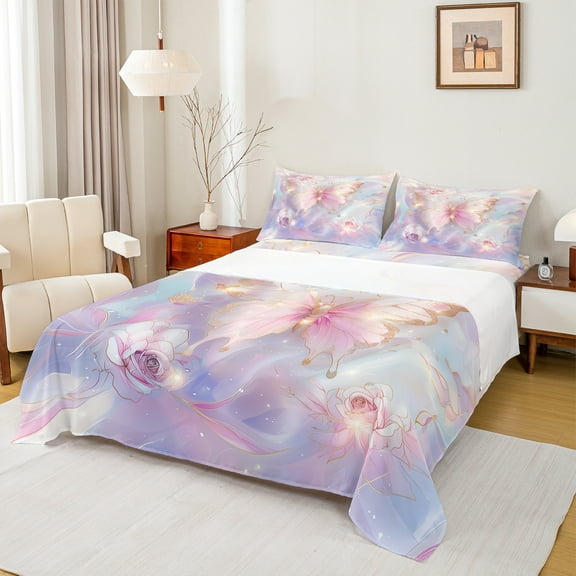 Castle Fairy Pink Golden Butterfly 3Pcs Twin Sheet Sets for Teens Women Men,Abstract Gradient Twin Fitted Sheet,Floral Rose Breathable Flat Sheet,Breathable Home Decor