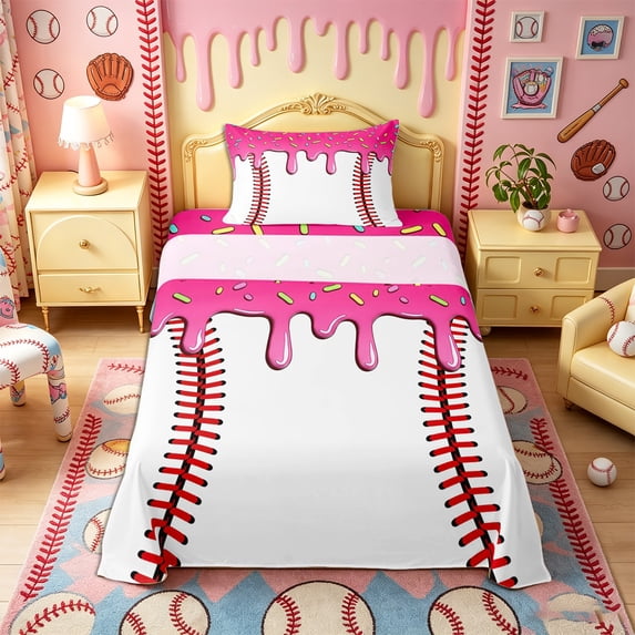 Castle Fairy Pink Ice Cream Drip Twin Sheets 3pcs, Sport Theme Bedding,1 Fitted Sheet, 1 Flat Sheet and 1 Pillowcase