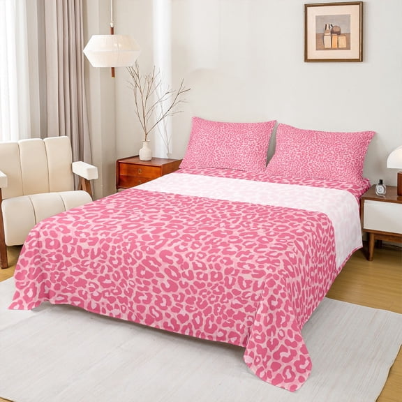 Castle Fairy Pink Leopard 4pcs Bed Sheets,Animal Print King Sheets,Wildlife Cheetah Super Cozy Sheet Set,Microfiber Kawaii Bedroom Decor