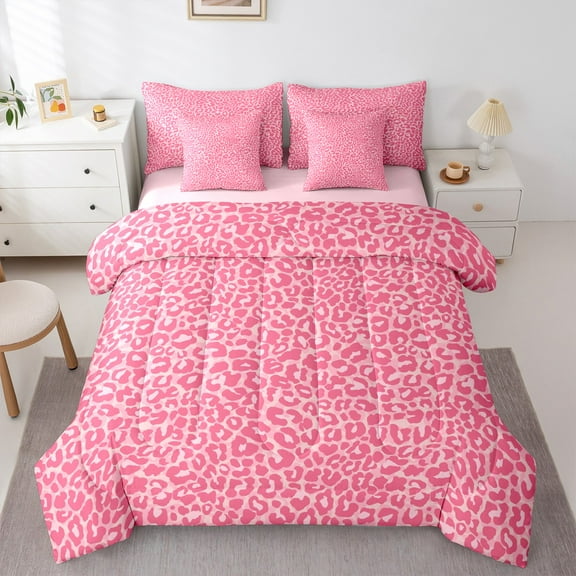 Castle Fairy Pink Leopard 7-Piece Bedding Comforter Set,Animal Print King Bedding Sets,Wildlife Cheetah Ultra Soft Bed Sheets,Microfiber Kawaii Bedroom Decor,Reversible