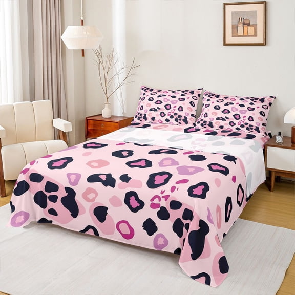 Castle Fairy Pink Leopard Print Girl Full Size Sheets 4-Piece,Old Fashion Dreamy Princess Breathable Bed Sheets,Jungle Animal Cheetah Lightweight Sheet Sets,Super Cozy Room Decor