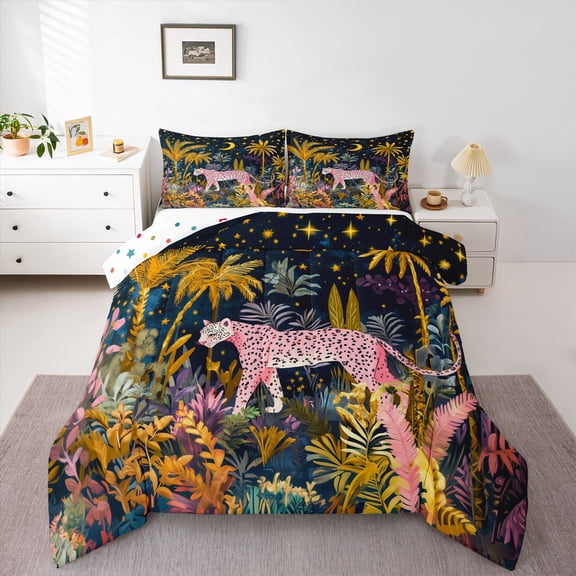 Castle Fairy Pink Leopard Twin Comforter Sets,Boho Starry Sky Bedding Set