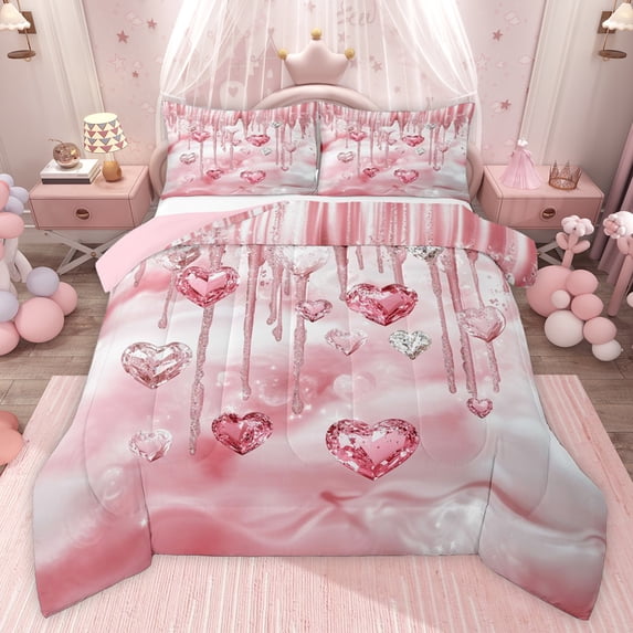 Castle Fairy Pink Love Heart Twin Comforter Sets,Bling Crystal Bedding Set