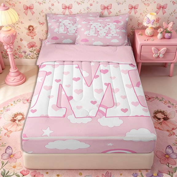 Castle Fairy Pink Rainbow Letter M Zipper Full Size Comforter Sets with Fitted Sheet and 2 Pillowcases for Girls,Cartoon Theme Zipper Bedding Set,4pcs,Reversible