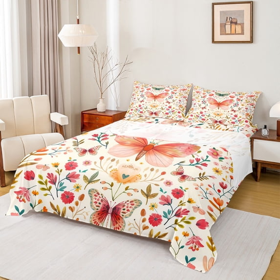 Castle Fairy Pink Red Butterfly Girl Twin Sheet Sets,Chic Floral Flowers Bedding