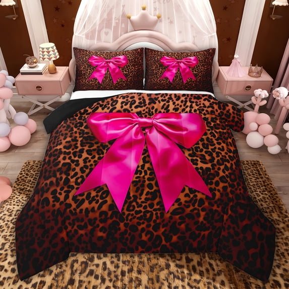Castle Fairy Pink Ribbon Bow Full Size Comforter Sets,Abstract Cheetah Print Bedding Sets