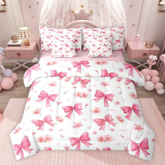 Castle Fairy Pink Ribbon Bow Girl Bedding Comforter Set 7 Pieces,Floral Cherry Blossom Full Bedding Set Lightweight,Kawaii Flower Sakura Bow Knot Fitted Sheet Flat Sheet,Super Cozy Room Decor