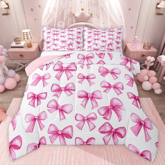 Castle Fairy Pink Ribbon Bow-Tie Twin Comforter Sets,Dreamy Bowknot Bedding Set