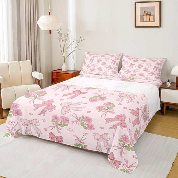 Castle Fairy Pink Rose Bow Girl 4 Pieces Queen Sheet Sets,Love Heart Print Ultra Soft Flat Sheet,Flower Bowknot Queen Fitted Sheet,Microfiber Bedroom Decor