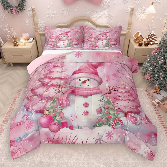 Castle Fairy Pink Snowman 2Pcs Bedding Comforter Set for Preppy Children Teens,Christmas Tree Snowflake Twin Comforter Sets,Xmas Festival Breathable Bedding Set,Ultra Soft Home Decor