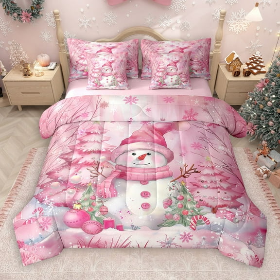 Castle Fairy Pink Snowman 7 Pieces Bedding Comforter Set for Preppy Children Teens,Christmas Tree Snowflake Full Bedding Set Lightweight,Xmas Festival Fitted Sheet Flat Sheet,Ultra Soft Home Decor