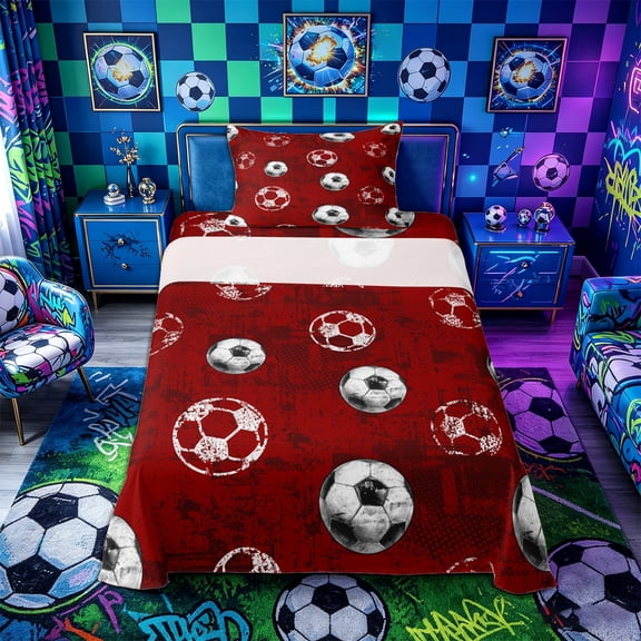 Castle Fairy Pink Soccer Print Twin Sheets 3pcs, Vintage Sport Ball Bedding, Black Red,1 Fitted Sheet, 1 Flat Sheet and 1 Pillowcase