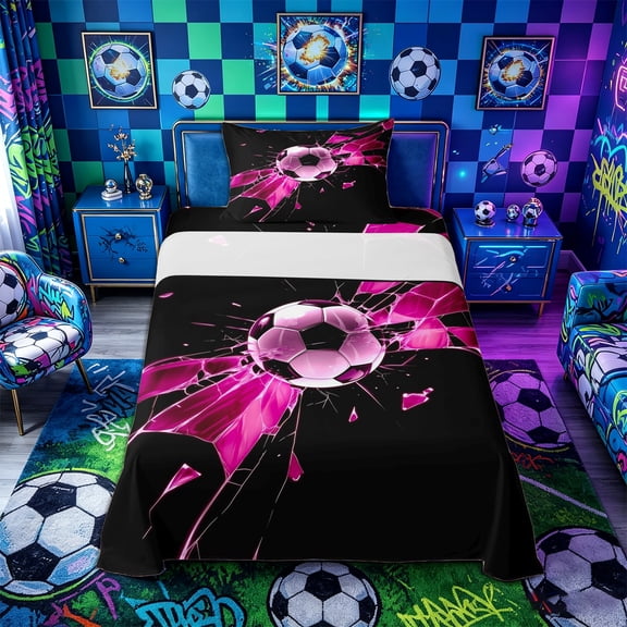 Castle Fairy Pink Soccer Twin Sheets 3pcs, Sport Theme Shattered Plaid Bedding,1 Fitted Sheet, 1 Flat Sheet and 1 Pillowcase
