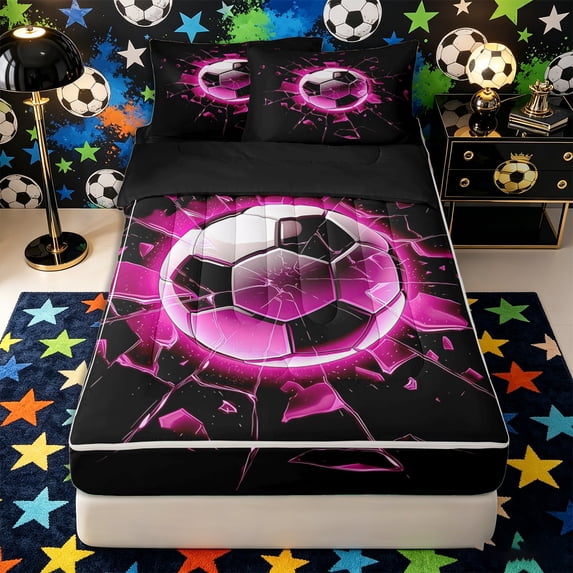 Castle Fairy Pink Soccer Zipper Full Size Comforter Sets with Fitted Sheet and 2 Pillowcases, Sport Theme Shattered Plaid Zipper Bedding Set,4pcs,Black Reversible