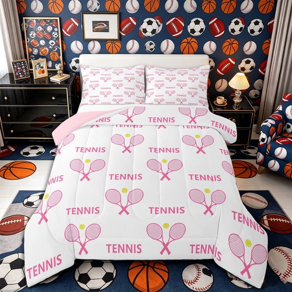 Castle Fairy Pink Tennis Queen Comforter Set 3 Pieces, Sport Theme Comforter Sets Queen,Pink Reversible,1 Comforter and 2 Pillowcases