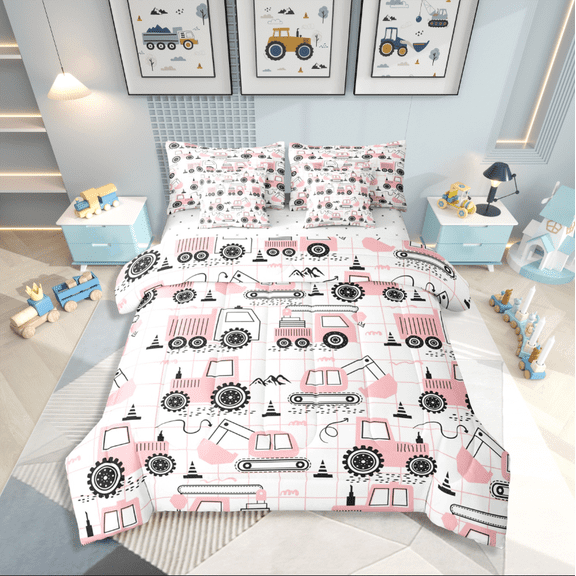 Castle Fairy Pink Truck Girl 7pcs Bedding Comforter Set,Construction Vehicles Queen Bedding Sets Super Cozy,Geometric Plaid Queen Sheet Sets,Luxury Bedroom Decor
