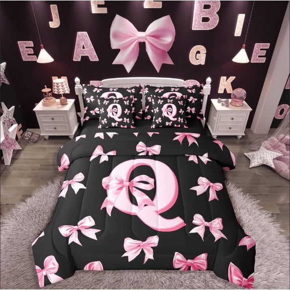 Castle Fairy Pink White And Black Toddler Bed Set 7-Piece,Ribbon Bow Twin Toddler Bed Sheets And Comforter For Girls,Q Letter Bed Room Set For Girls Kids