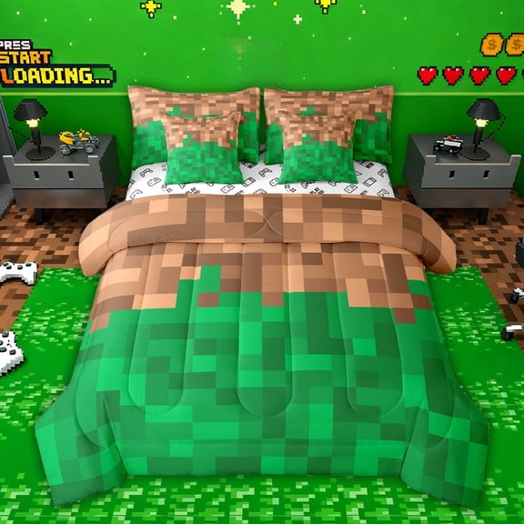 Castle Fairy Pixel Grid Miners Bedding Comforter Set,Brown Green Plaid Full Bedding Set