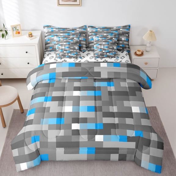 Castle Fairy Pixel Grid Miners Bedding Comforter Set,Grey Blue Plaid Queen Bedding Sets