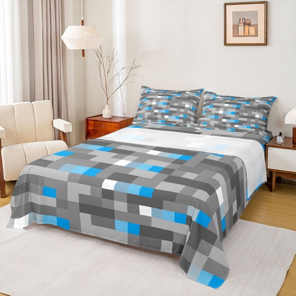 Castle Fairy Pixel Grid Miners Boy Twin Sheet Sets,Grey Blue Plaid Bedding